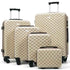 Four-piece hardshell luggage set in beige with a brown repeating monogram pattern, including three spinner-wheel suitcases and one small carry-on, shown on a white background.