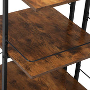 Close-up of wooden shelves on salon cart with black metal structure