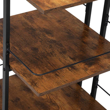 Close-up of wooden shelves on salon cart with black metal structure