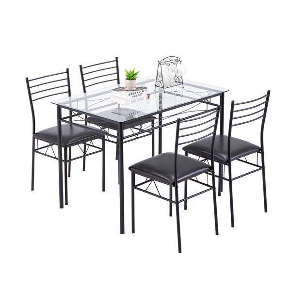 [110 x 70 x 76cm] Iron Glass Dining Table and Chairs Black One Table and Four Chairs PU Cushion Default Title