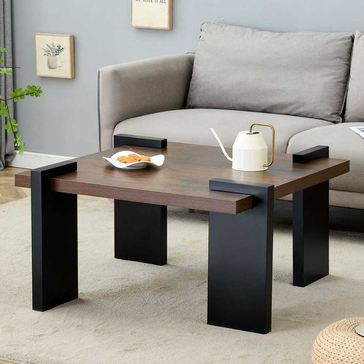 Modern Minimalist Walnut MDF Coffee Table placed beside a sofa, ideal for accenting modern interiors with functional elegance.
