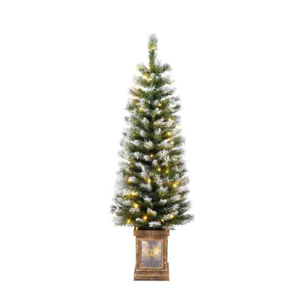 Decorative Christmas tree with lights in a wooden planter on a white background