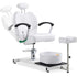 White hair salon chair with headrest and footrest on a white background