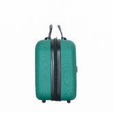 A hard-shell carry-on suitcase in a vibrant teal green color, featuring a textured vertical ribbed pattern, a central black zipper, and dual telescoping handles, shown against a plain white background.