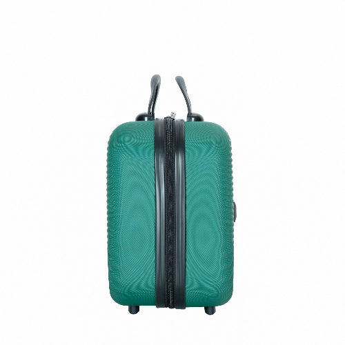 A hard-shell carry-on suitcase in a vibrant teal green color, featuring a textured vertical ribbed pattern, a central black zipper, and dual telescoping handles, shown against a plain white background.