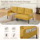 Yellow sofa with double side pockets for storage in a living room setting.