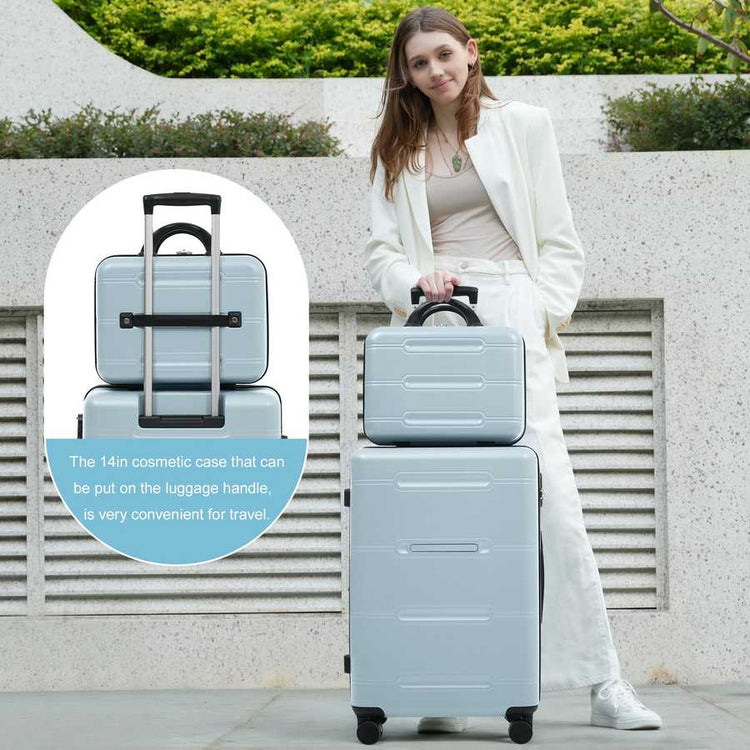 Woman with a set of light blue suitcases, with an inset showing a 14-inch cosmetic case.