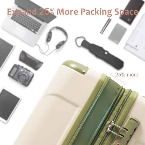 Green suitcase with travel items on a white background, highlighting expandable packing space.