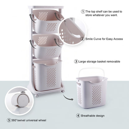 4-Tier Laundry Hamper Sorter, Laundry Storage Organizer with Wheels Removable Rolling Laundry Baskets, Bathroom Cart for Dirty Clothes, White