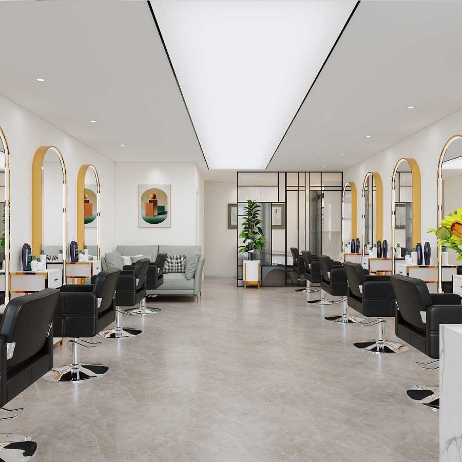 Salon station with mirrors and bottles in stylish interior