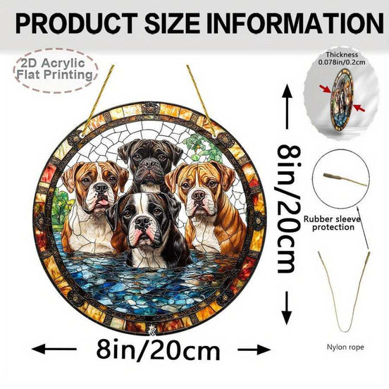 Boxer Dog Wall Art with 8-inch diameter and 0.078-inch thickness, made from durable acrylic with stained glass effect for home decoration.