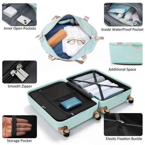 A mint green hard-shell suitcase shown open on a white background, with inset feature callouts labeled for inner open pockets, inside waterproof pocket, additional space, smooth zipper, storage pocket, and elastic fixation buckle.