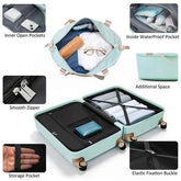 A mint green hard-shell suitcase shown open on a white background, with inset feature callouts labeled for inner open pockets, inside waterproof pocket, additional space, smooth zipper, storage pocket, and elastic fixation buckle.