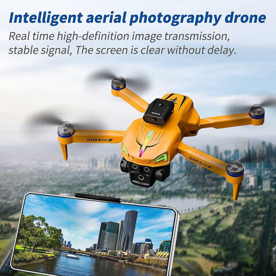 Orange drone with camera over a cityscape, showing real-time image transmission on a smartphone screen.