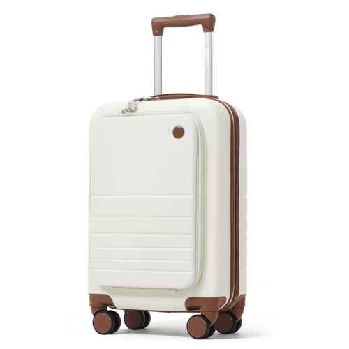 A cream-colored hard-shell spinner suitcase with brown accents on the handle, trim, and wheel centers, shown on a clean white background.