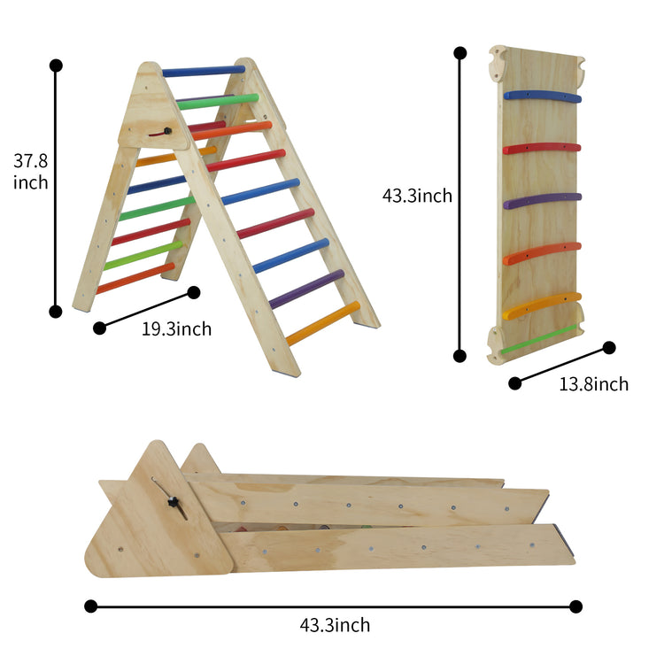 Wooden climbing toy with colorful rungs and dimensions labeled on a white background