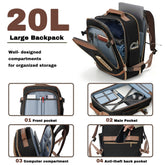 A 20L large backpack shown open with multiple compartment views on a white background. The main backpack is black with brown trim, and the inset panels label front pocket, main pocket, computer compartment, and anti-theft back pocket.