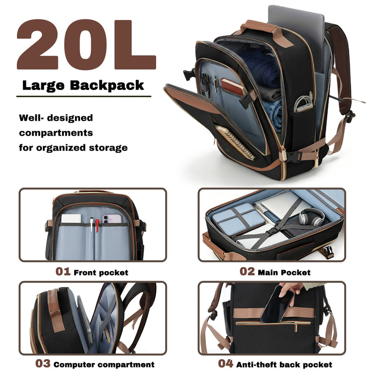 A 20L large backpack shown open with multiple compartment views on a white background. The main backpack is black with brown trim, and the inset panels label front pocket, main pocket, computer compartment, and anti-theft back pocket.