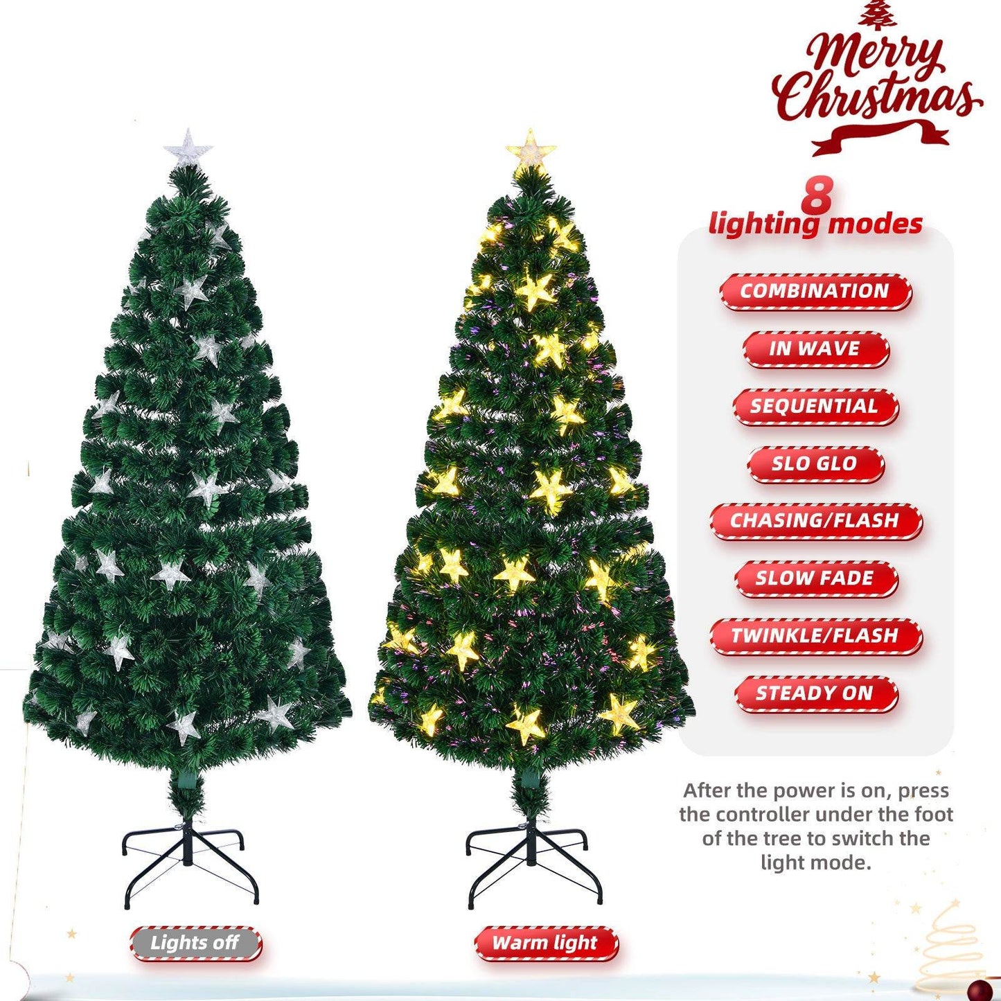 6FT Pre-lit Fiber Optic Christmas Tree with Large Stars, Artificial Christmas Tree Spruce Tree Color Changing Optical Fiber Lights,with Metal Stand,Full Tree for Holiday Decoration