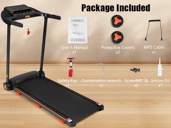 Treadmill package includes manual, protective covers, MP3 cable, and tools