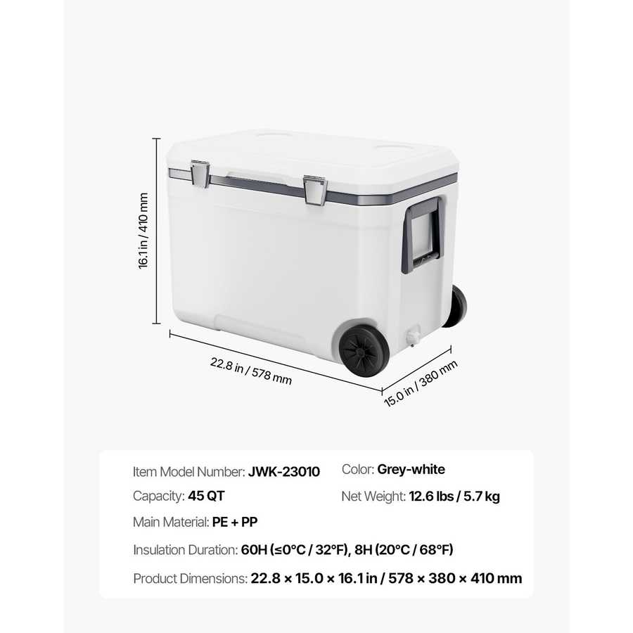 White cooler box with dimensions and specifications on a white background