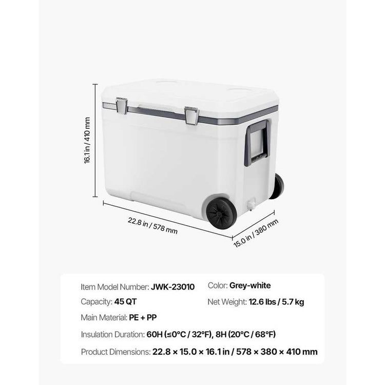 White cooler box with dimensions and specifications on a white background