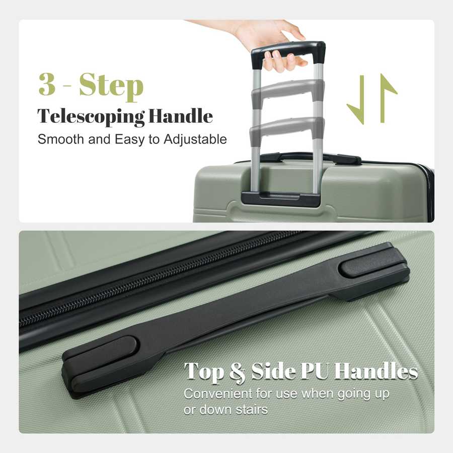 Green suitcase with telescoping handle and top & side PU handles on a white background
