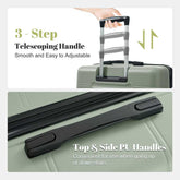 Green suitcase with telescoping handle and top & side PU handles on a white background