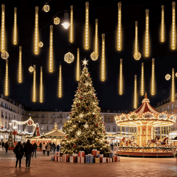 Meteor shower lights hanging above a Christmas market with a tree and carousel