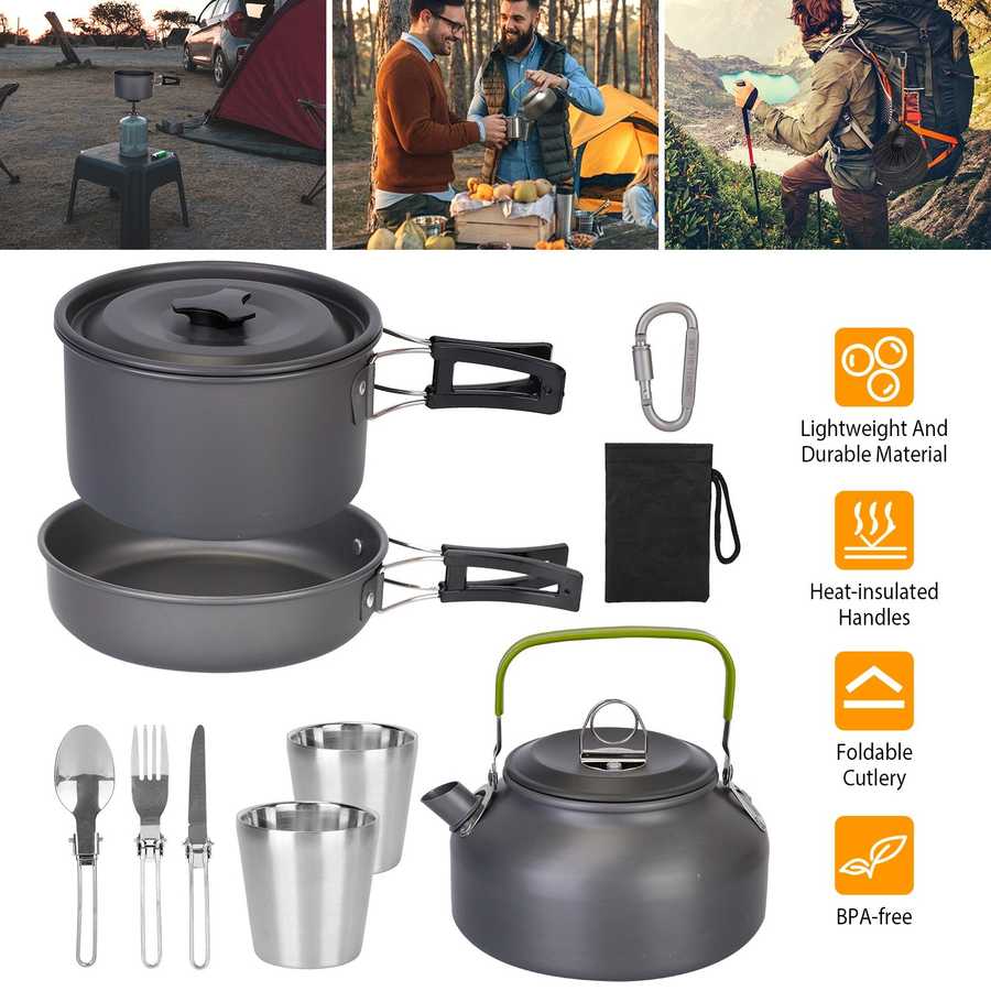 12Pcs Camping Cookware Set with pot, frying pan, kettle, cups, and utensils, ideal for outdoor cooking. Portable and durable for camping use.