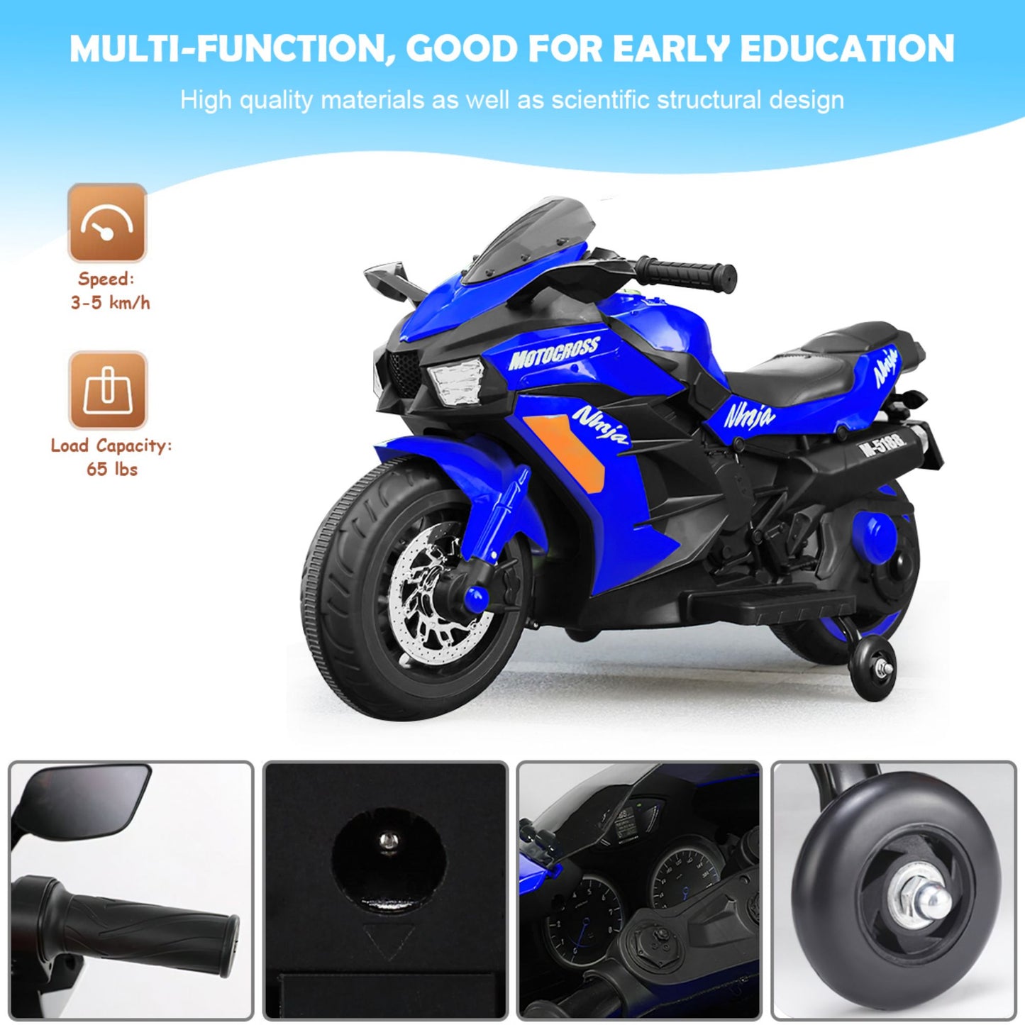 12V Battery Motorcycle, 2 Wheel Motorbike Kids Rechargeable Ride On Car Electric Cars Motorcycles--BLUE MLNshops