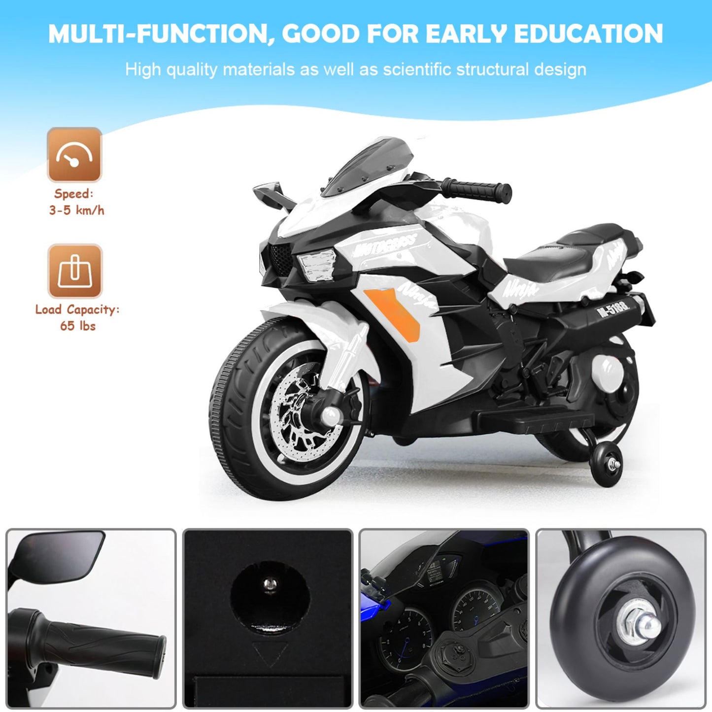 12V Battery Motorcycle, 2 Wheel Motorbike Kids Rechargeable Ride On Car Electric Cars Motorcycles--WHITE MLNshops