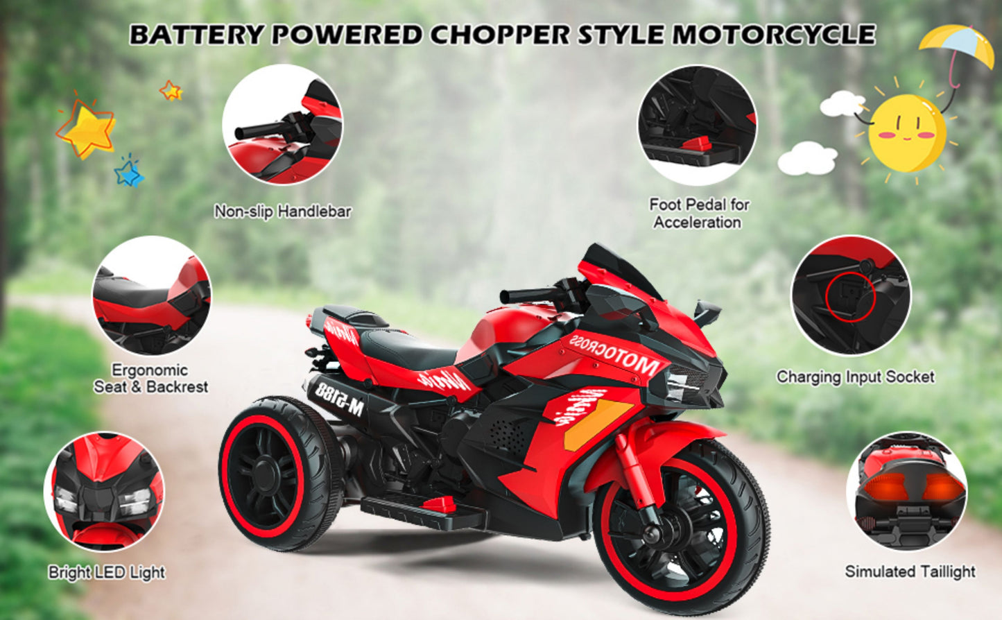 12V Battery Motorcycle, 3Wheel Motorbike Kids Rechargeable Ride On Car Electric Cars Motorcycles--RED MLNshops