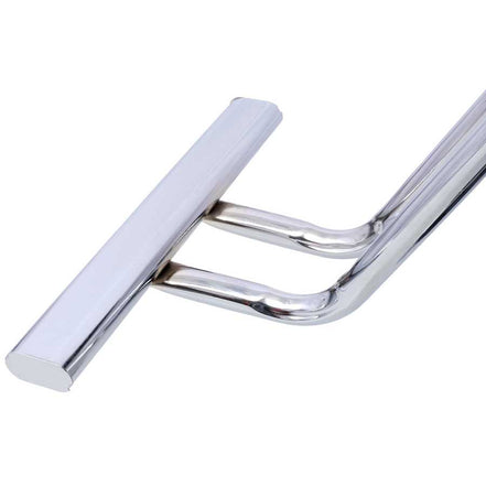 Close-up of chrome footrest on Salon Styling Chair for Hair Professionals, designed for comfort and support during styling.