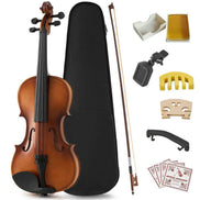 Violin set with bow, case, accessories, and shoulder rest