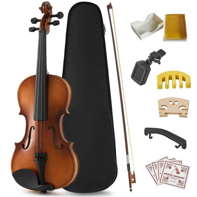 Violin set with bow, case, accessories, and shoulder rest