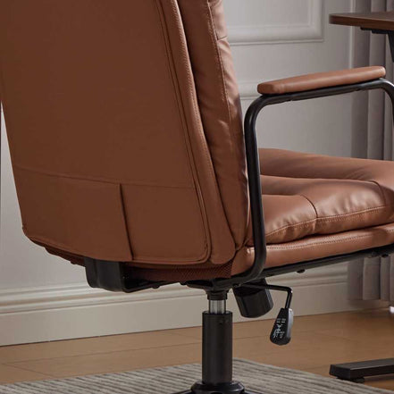Close-up of chair adjustment lever and armrest on brown ergonomic office chair. Features height adjustment for personalized seating.