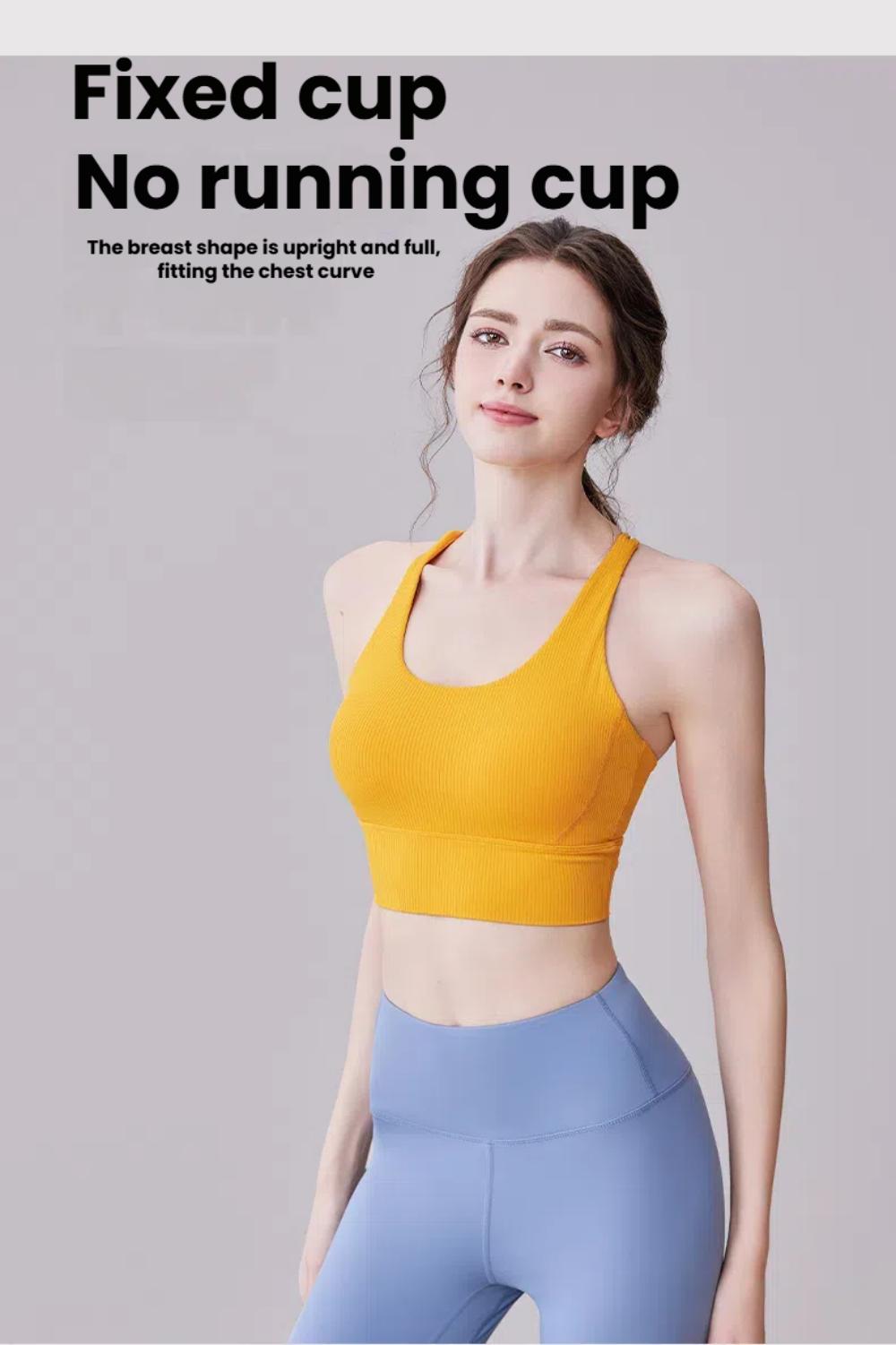Yellow Yoga Clothes Top - Slim Fit with fixed cup design, ensuring no cup shifting and a secure fit for skin-friendly sportswear comfort.