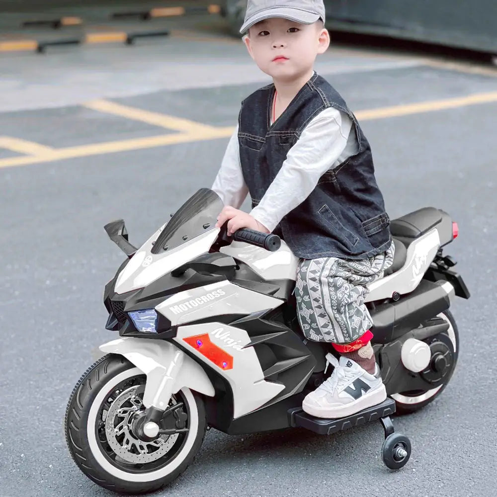 12V Battery Motorcycle, 2 Wheel Motorbike Kids Rechargeable Ride On Car Electric Cars Motorcycles--WHITE MLNshops]