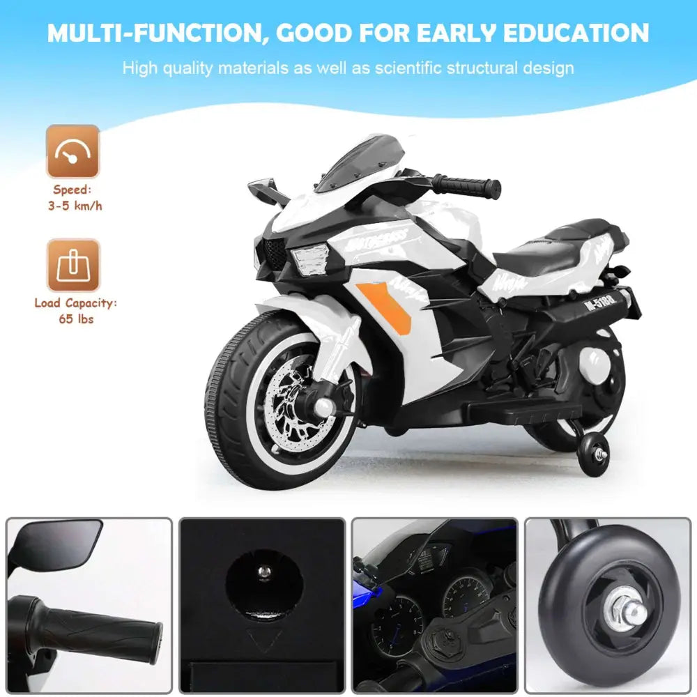 12V Battery Motorcycle, 2 Wheel Motorbike Kids Rechargeable Ride On Car Electric Cars Motorcycles--WHITE MLNshops]