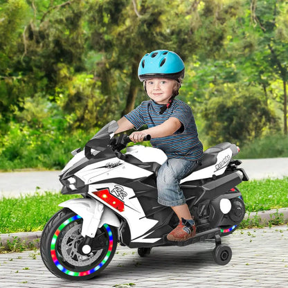 12V Electric Motorcycle for Kids, Powered Toy Motorcycle, Child Motorcycle Ride On with Light Wheels and Bluetooth Music White MLNshops]