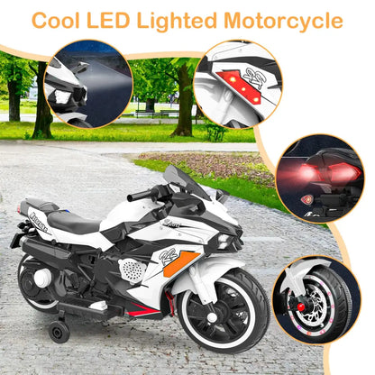 12V Electric Motorcycle for Kids, Powered Toy Motorcycle, Child Motorcycle Ride On with Light Wheels and Bluetooth Music White MLNshops]