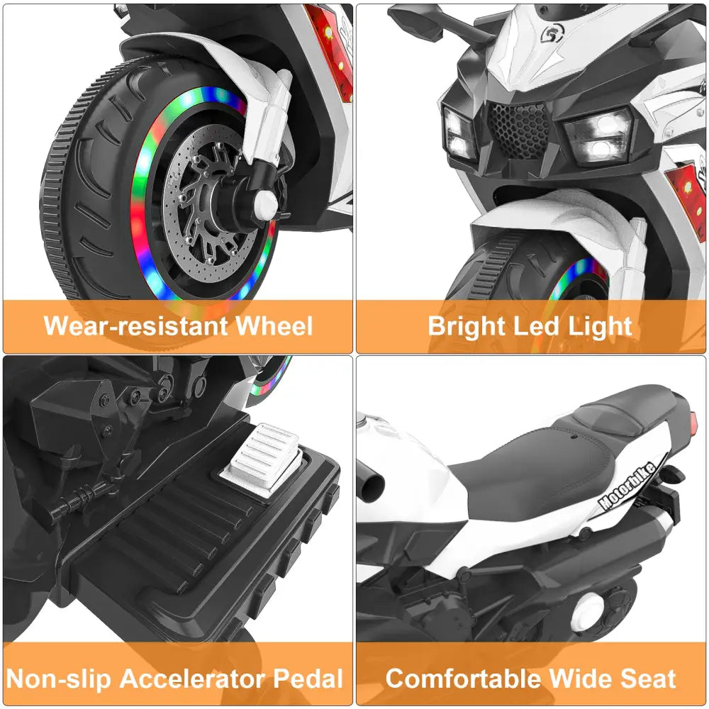 12V Electric Motorcycle for Kids, Powered Toy Motorcycle, Child Motorcycle Ride On with Light Wheels and Bluetooth Music White MLNshops]