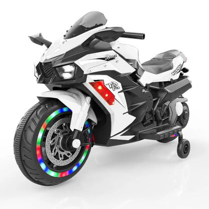 12V Electric Motorcycle for Kids, Powered Toy Motorcycle, Child Motorcycle Ride On with Light Wheels and Bluetooth Music White MLNshops]