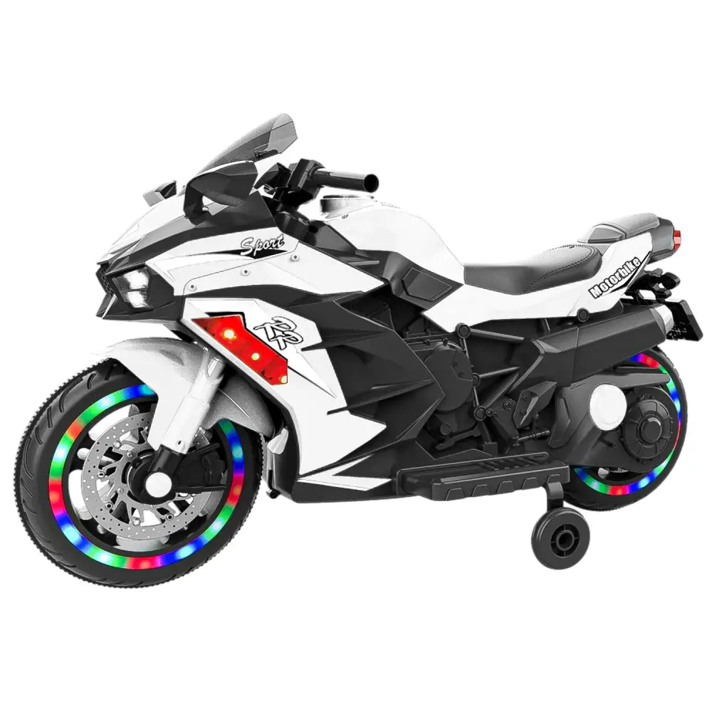 12V Electric Motorcycle for Kids, Powered Toy Motorcycle, Child Motorcycle Ride On with Light Wheels and Bluetooth Music White MLNshops]