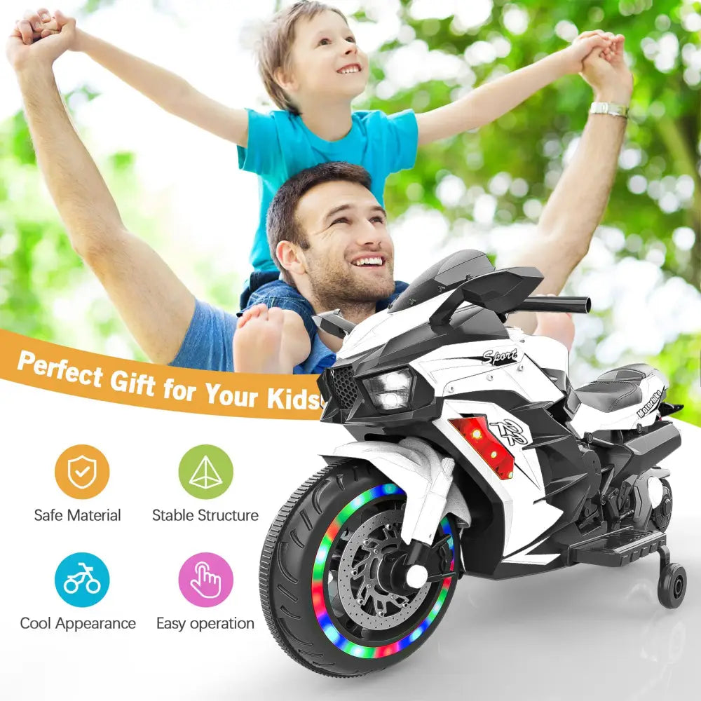 12V Electric Motorcycle for Kids, Powered Toy Motorcycle, Child Motorcycle Ride On with Light Wheels and Bluetooth Music White MLNshops]