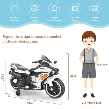 12V Electric Motorcycle for Kids, Powered Toy Motorcycle, Child Motorcycle Ride On with Light Wheels and Bluetooth Music White MLNshops]