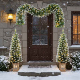Decorative outdoor arch with lights and trees in front of a house entrance during snowfall.