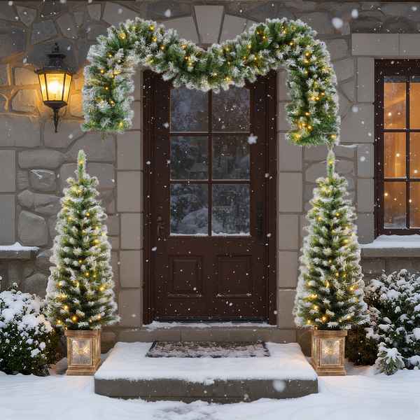 Decorative outdoor arch with lights and trees in front of a house entrance during snowfall.