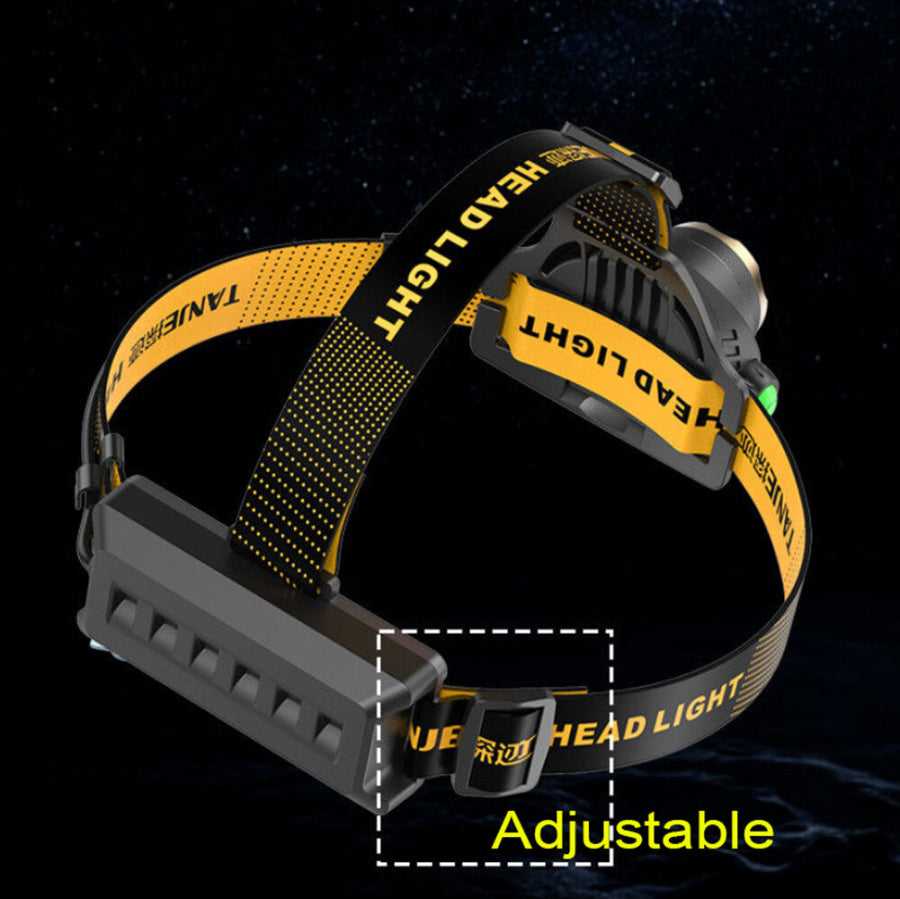 Adjustable LED headlamp with rear battery pack and flexible head strap. Secure fit for outdoor recreation and night activities.